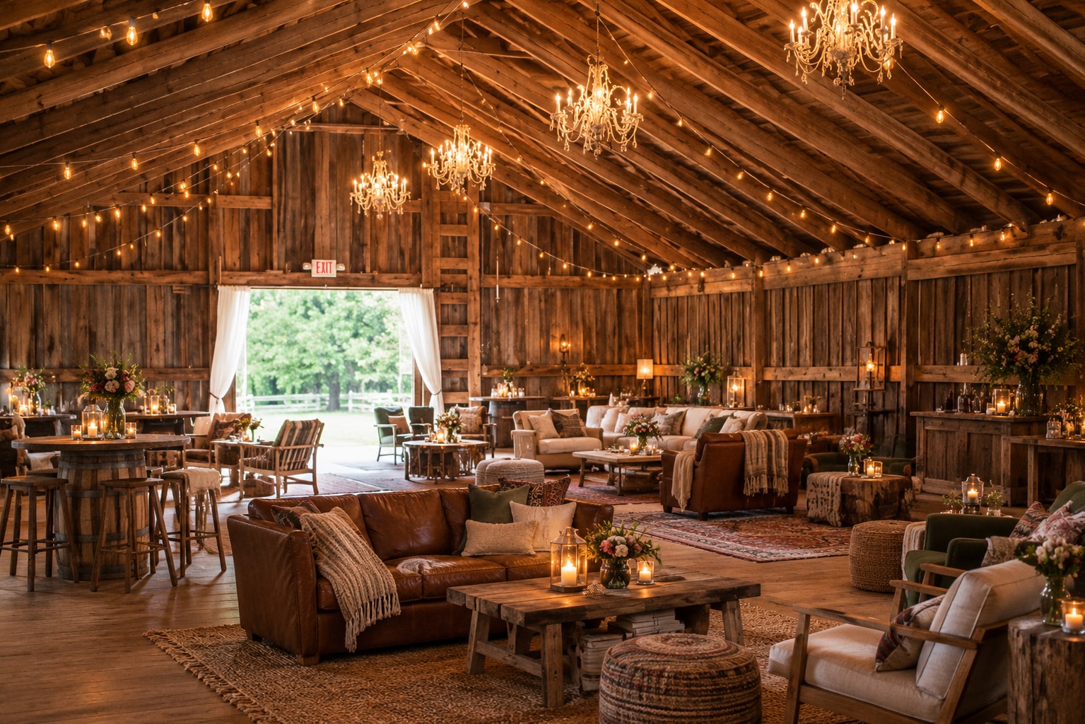 Vintage lounge furniture, layered rugs, and candlelit tables beneath chandeliers in a rustic wooden barn